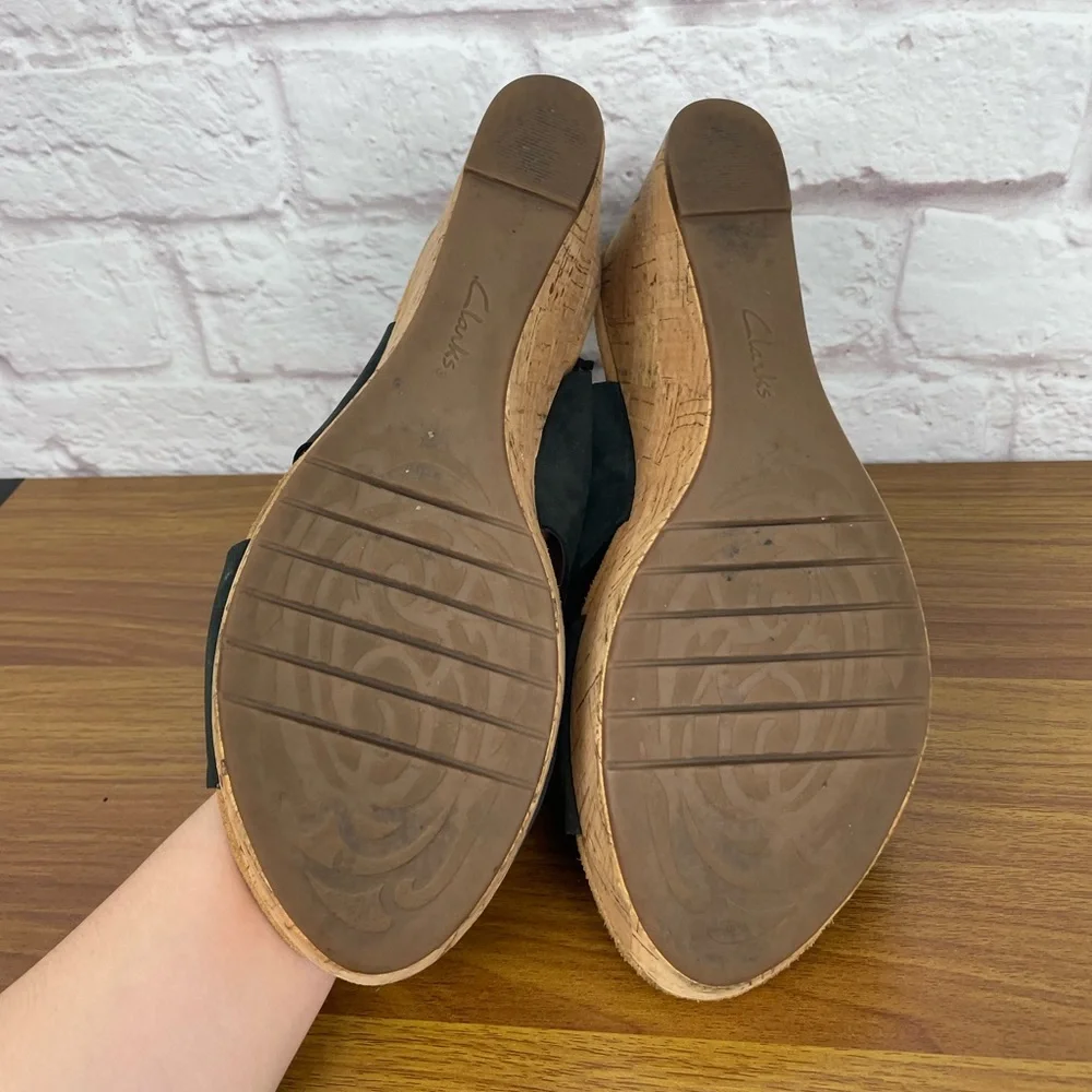 Clarks Artisan Suede Black Cork Wedge Sandals Size 11